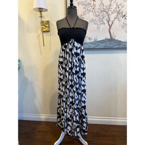 Raviya Womens Small Black White Ikat Smocked Halter Maxi Dress Tiered Boho Rayon